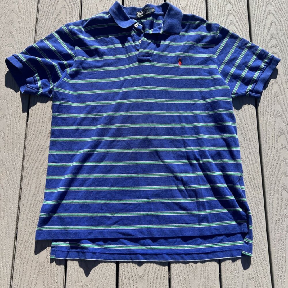 Vintage Polo Ralph Lauren Shirt Mens XL Blue Striped Short Sleeve Pony Logo